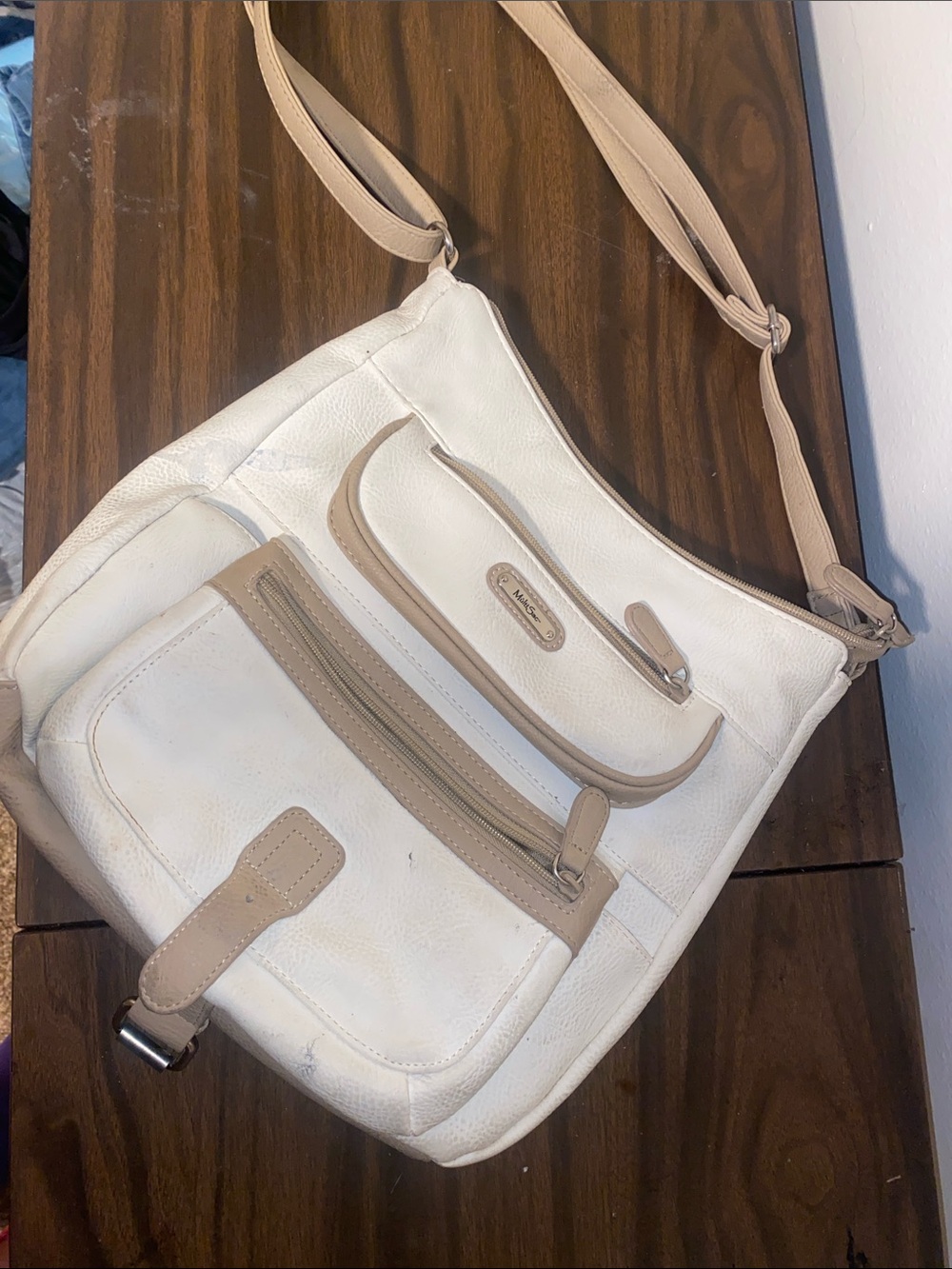 White & Tan Crossbody Shoulder Bag with Front Pockets